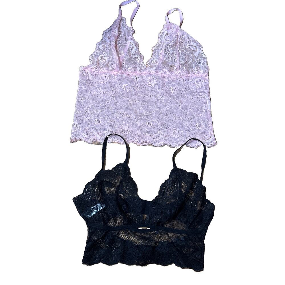 Lot Of 2 Women’s Pink/Black Floral Lace Bralette Crop Top Coquette Sz S/M